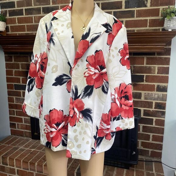 Alfred DunnerJacket Blazer Red Floral Quilted Open Front Lightweight Sz 20 used‎ - Picture 12 of 16
